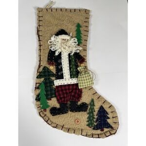 Vintage Tan Primitive Penny Felt Applique Christmas Stocking Santa Clause